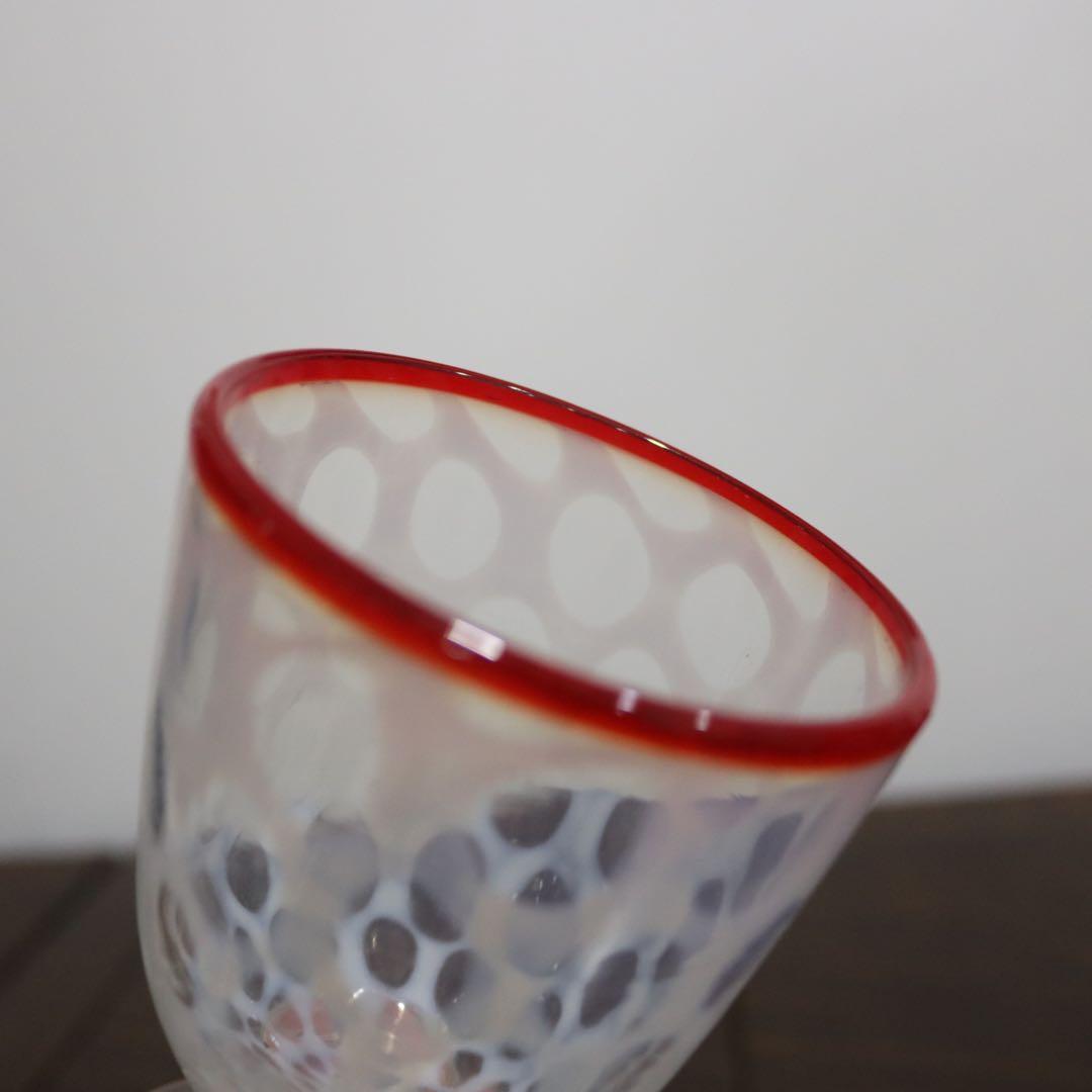 明治大正頃　赤縁 乳白　水玉文様 ナツメ形　骨董古美術氷コップ和ガラス