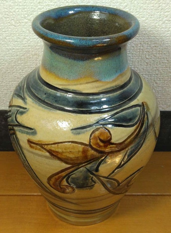 Kanegon 人間国宝 金城次郎 海老魚紋花瓶 栞 共箱 h20cm超