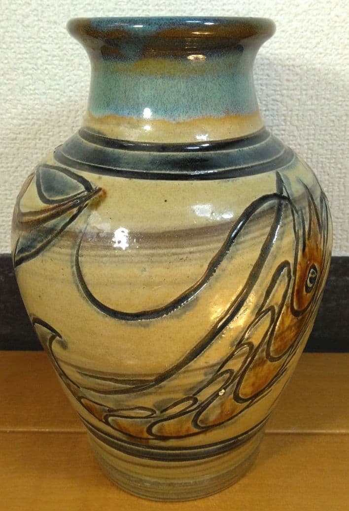 Kanegon 人間国宝 金城次郎 海老魚紋花瓶 栞 共箱 h20cm超