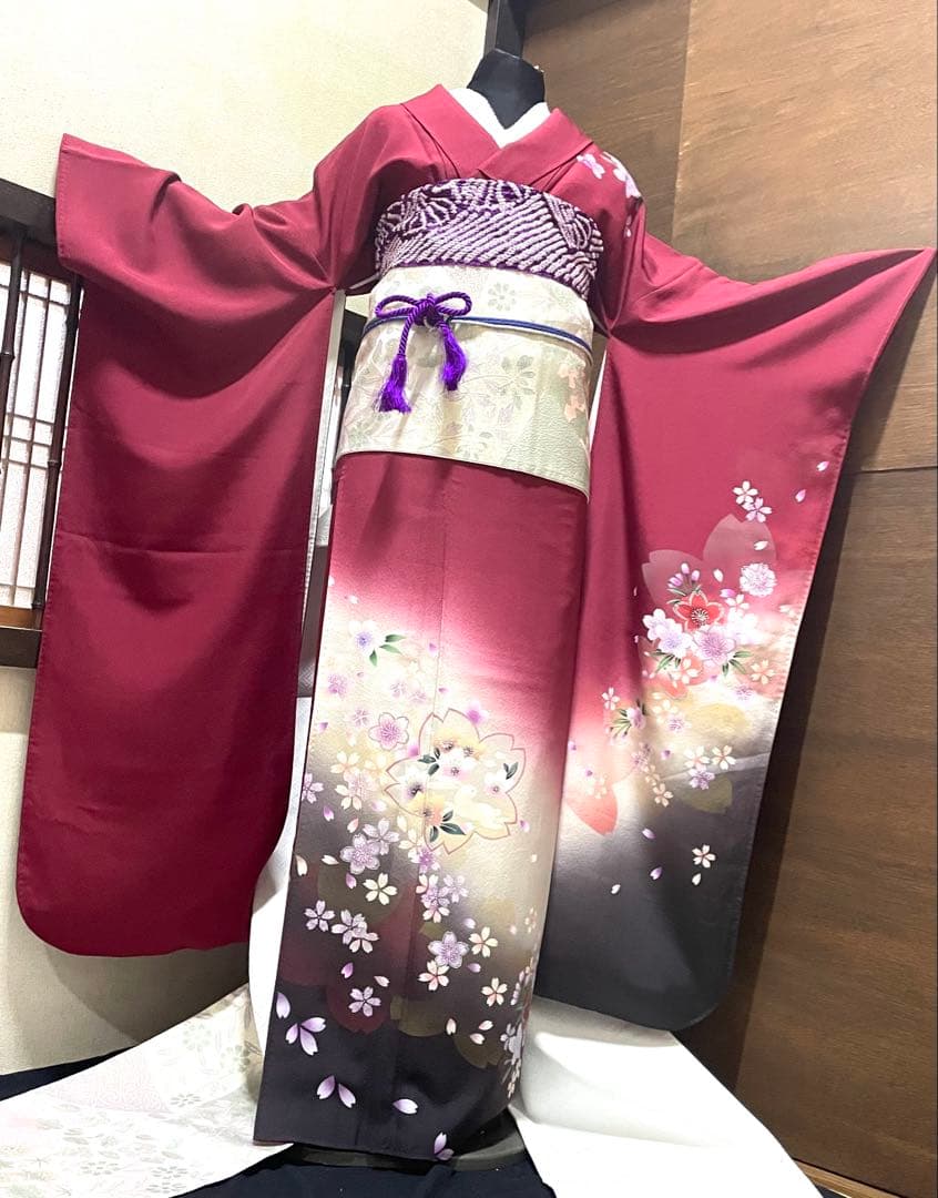 振袖フルセット6点サイズＬ跳兎　舞桜　暈し染　銀彩　正絹