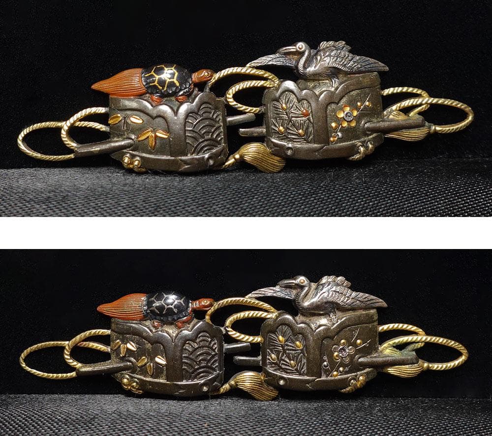 際端銘一芳　四分一地容彫蓬莱香炉図目貫　金象嵌銘　色絵象嵌　千葉元胤？　桐箱入