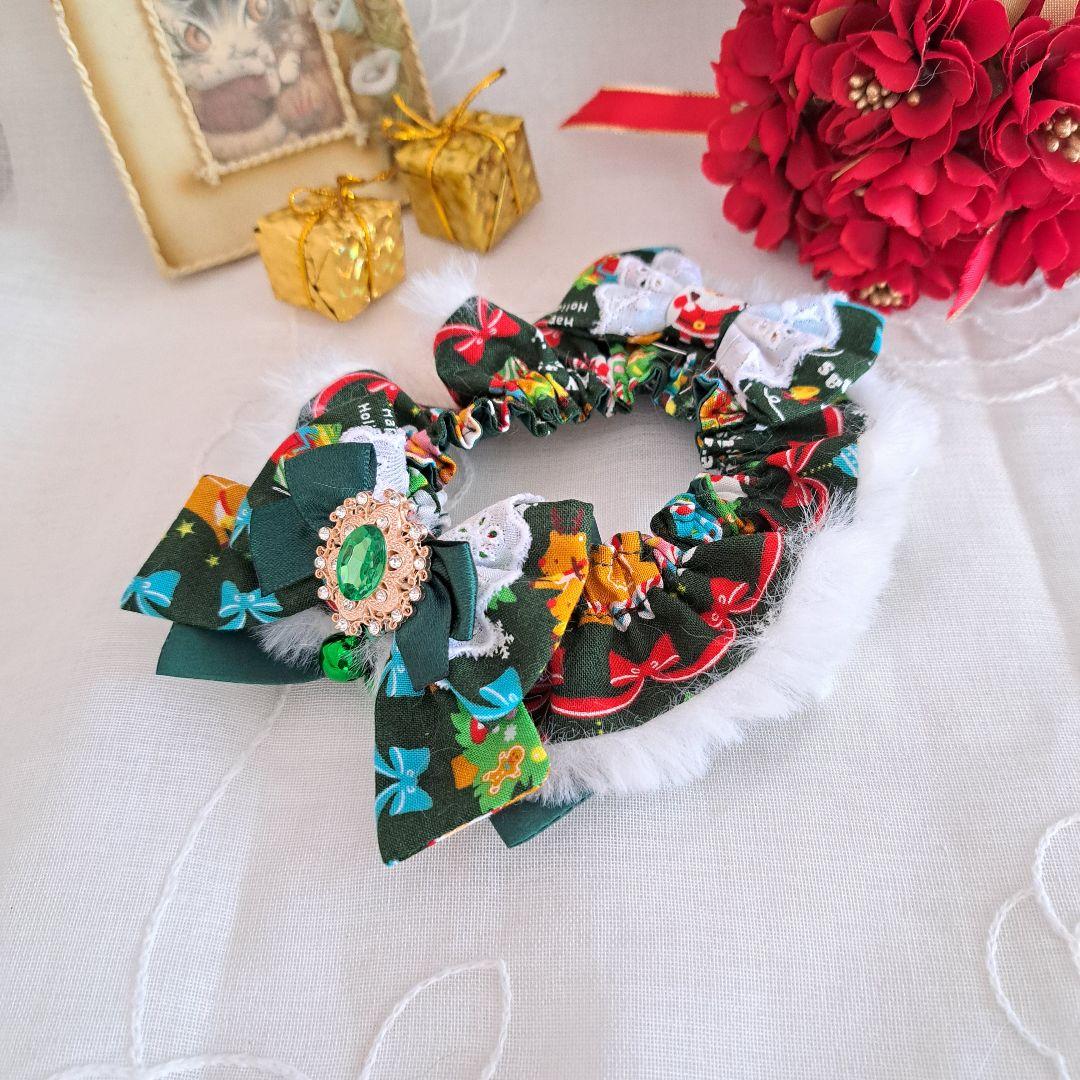 クリスマス短毛ファーシュシュ(リボン柄)わんちゃん猫ちゃん用