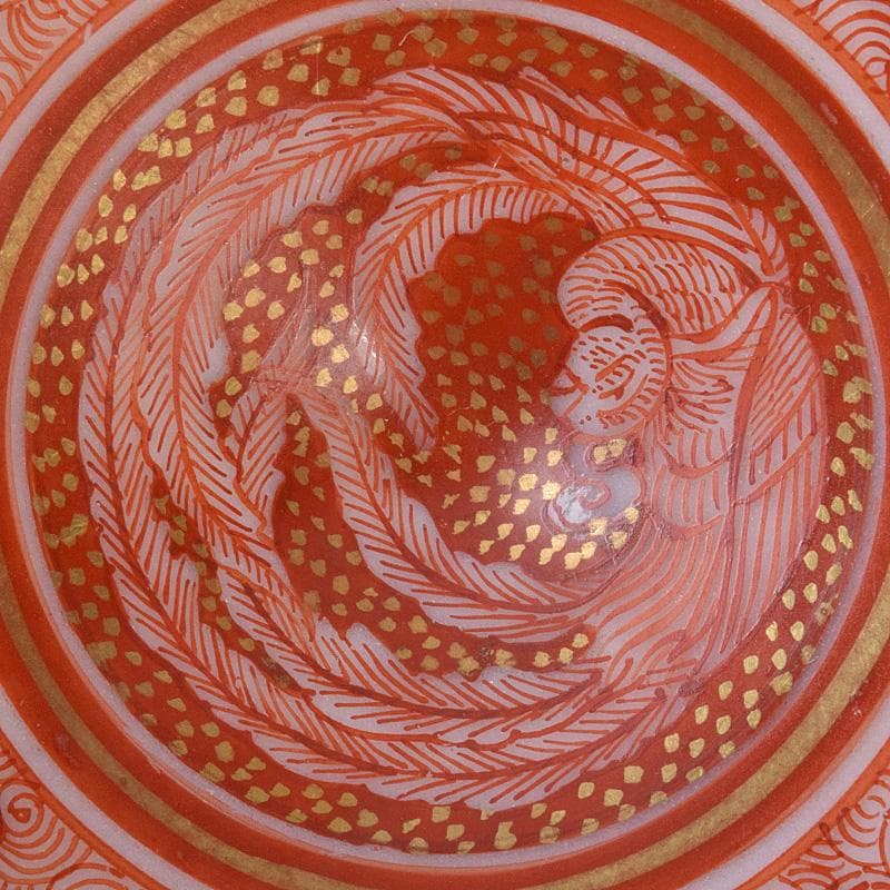 九谷焼　古九谷　赤絵金彩　鳳凰文　盃　一對　時代箱付　D　R8979