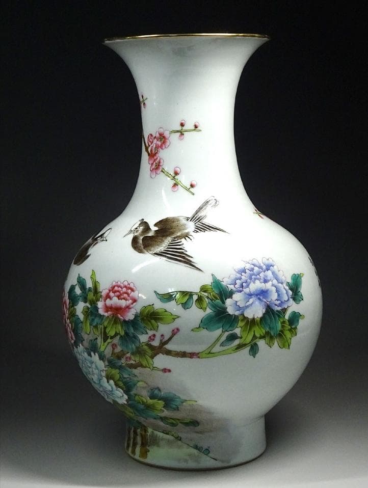 中国古玩 景徳鎮製 肖功旺画 絵付 花瓶 時代物 高約35.5cm z01156
