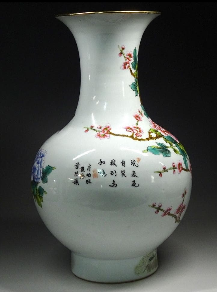 中国古玩 景徳鎮製 肖功旺画 絵付 花瓶 時代物 高約35.5cm z01156
