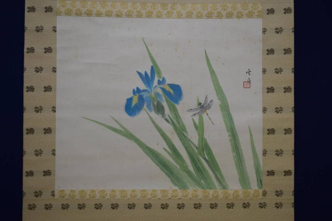 真作/赤松雲嶺/菖蒲に蜻蛉図/トンボ図/桐共箱二重箱付/布袋屋掛軸HG-433