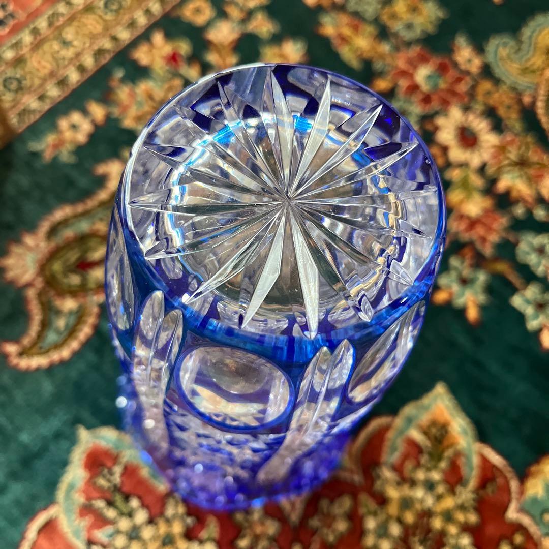 最終値下げ 新品KAMAY カメイガラス 薩摩切子ルリ色被せガラス花瓶　江戸切子