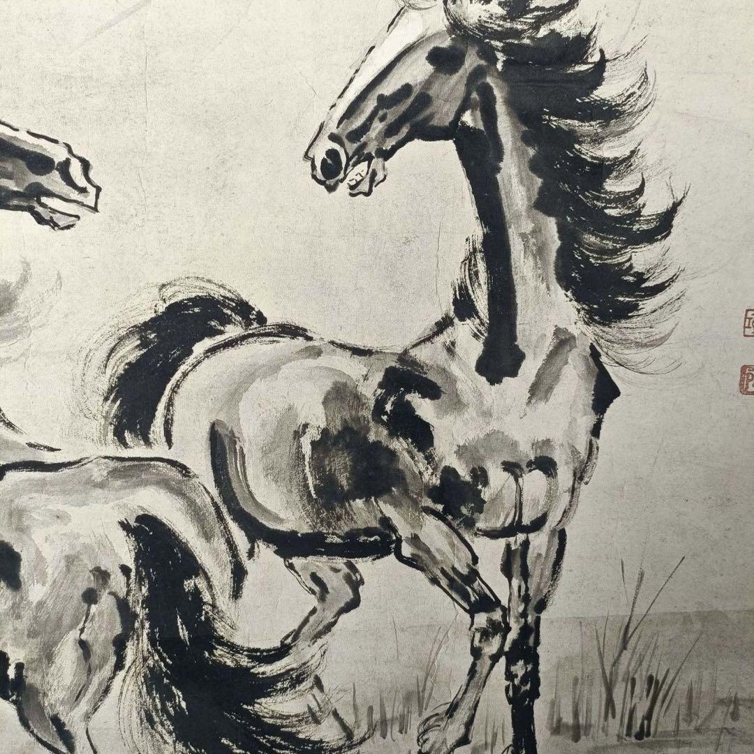 徐悲鴻「三駿図」三尺中堂掛軸 防偽マーク付き／複製画 掛軸 約77×175cm