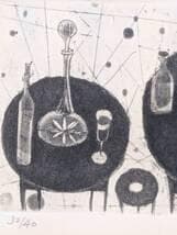 【真作】版画　銅版画　ボトルとグラスの静物版画　モノトーンアート　Y161