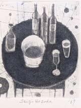 【真作】版画　銅版画　ボトルとグラスの静物版画　モノトーンアート　Y161