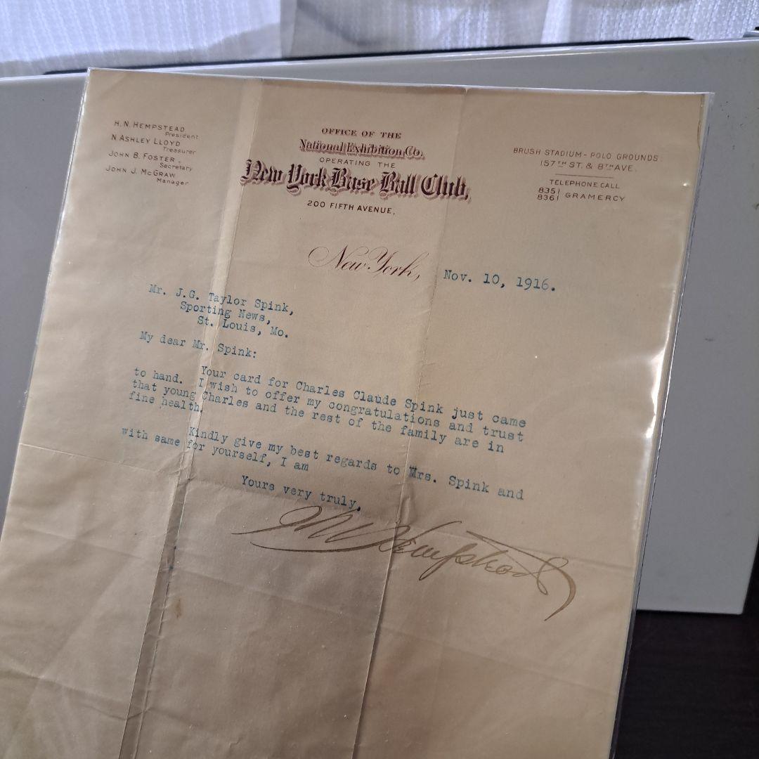 直筆サイン　NYジャイアンツ・オーナー　　1916年手紙　MLB 歴史