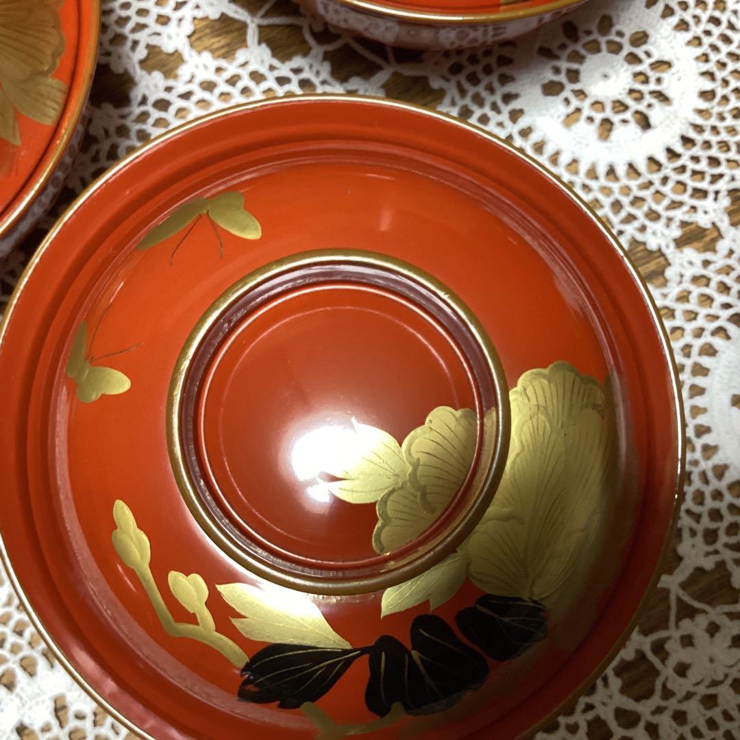 k2f8 朱色 牡丹　蓋付き椀 10客　金色装飾　年代物