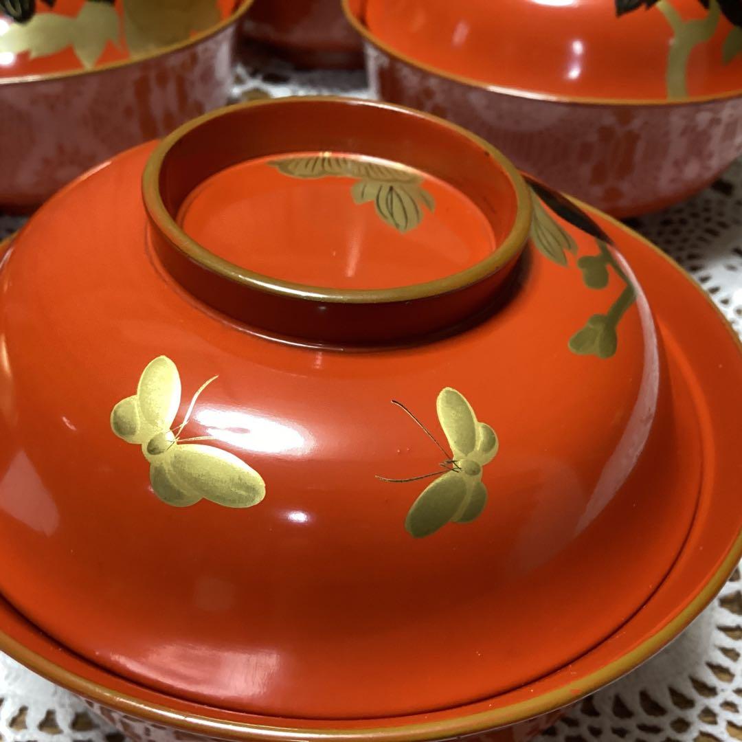 k2f8 朱色 牡丹　蓋付き椀 10客　金色装飾　年代物