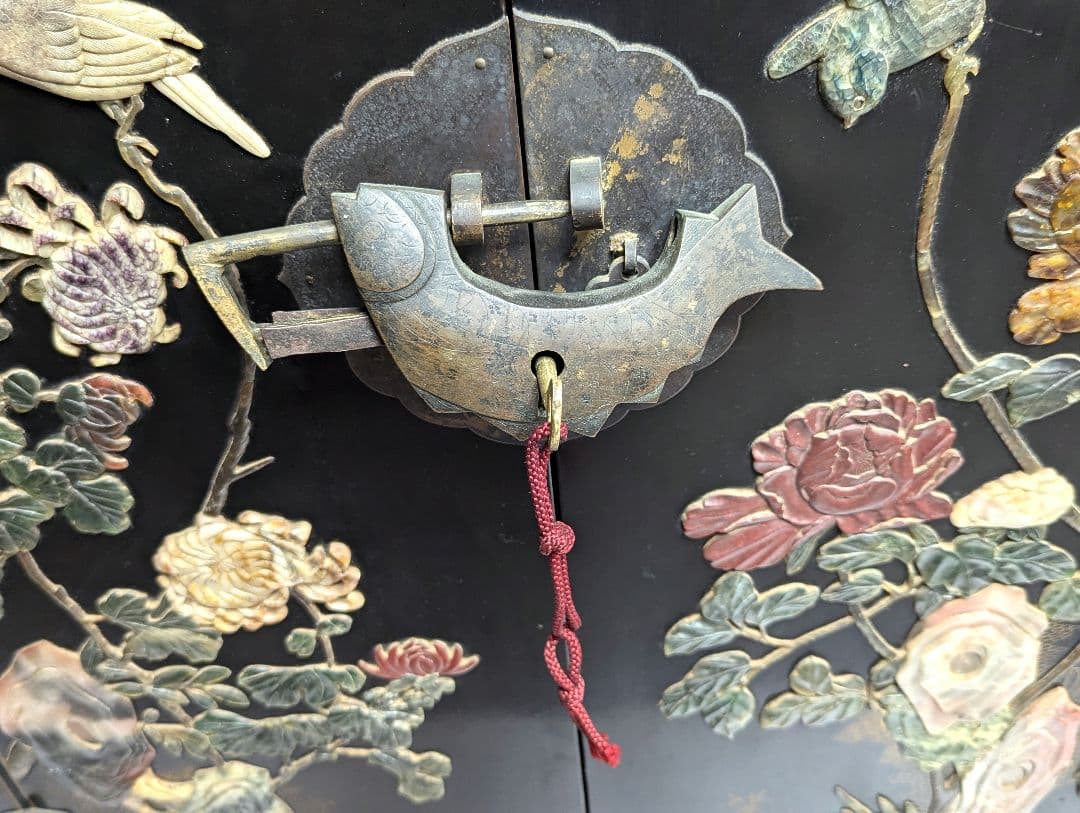 美術品 中国玉石木製 箪笥 花鳥模様 骨董品　アンティーク　レトロ