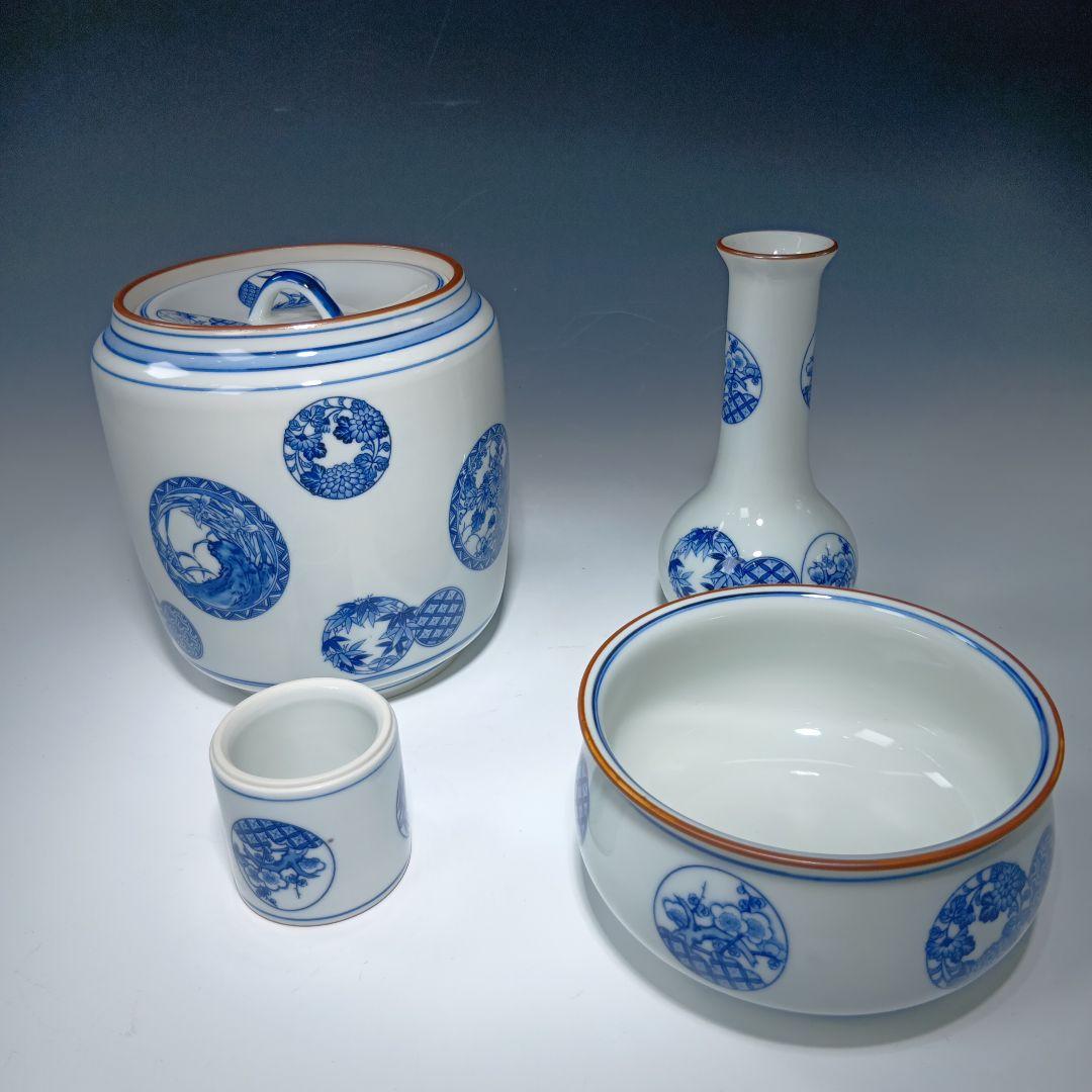 値下げ茶道具　千古窯　染付花丸文皆具一関　 共箱　美品