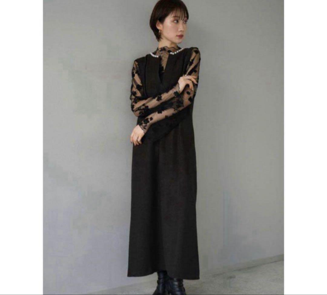 lumier リュミエ パールデザインキー・ネックワンピース　シアートップス　黒