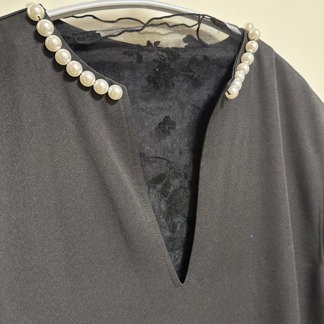 lumier リュミエ パールデザインキー・ネックワンピース　シアートップス　黒