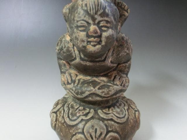 置物■唐子 花瓶 オブジェ 中国 時代物 古玩 古い花器 青磁 骨董品 希少■