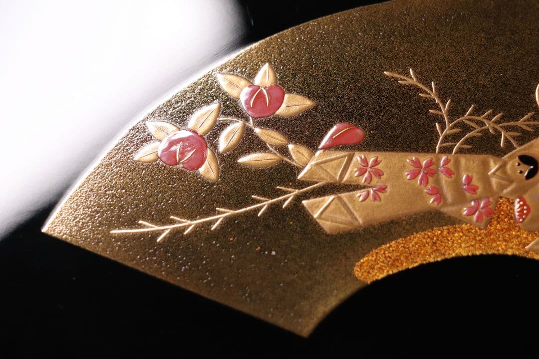 MA202 輪島塗 慶塚 扇面五節句蒔絵 卓上膳 五客 黒塗 足付長方膳 木製