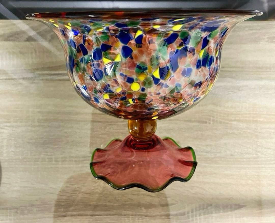 骨董　時代ガラス　希少　金赤吹雪紋　フリル 脚付　大型　コンポート　盃洗