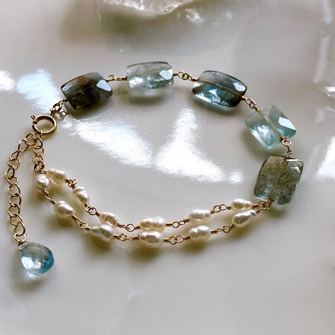 みっちゃん◆レクタングルモスアクアマリン×淡水パールブレスレット