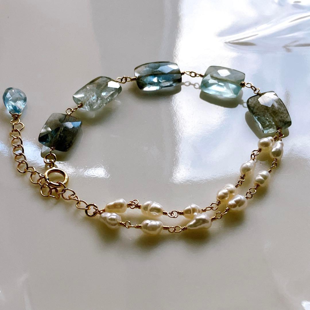 みっちゃん◆レクタングルモスアクアマリン×淡水パールブレスレット