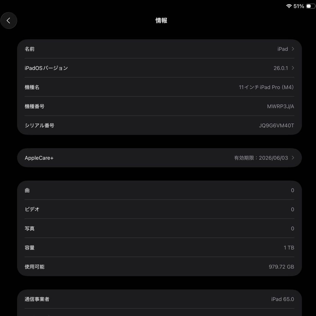 iPad Pro M4 1TB 11インチWi-Fi+Cellular Nano