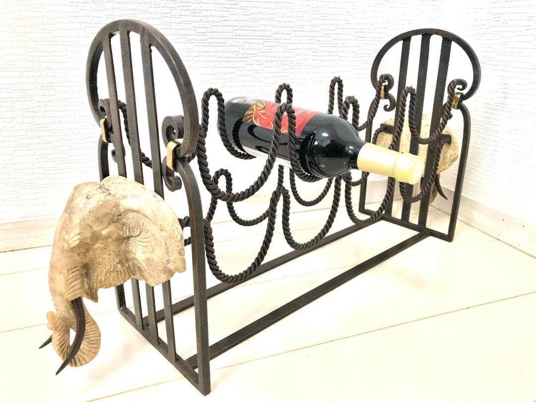 【レア・アンティーク】アイアンラック 石像彫刻 ワインラック 8本収納可 象顔