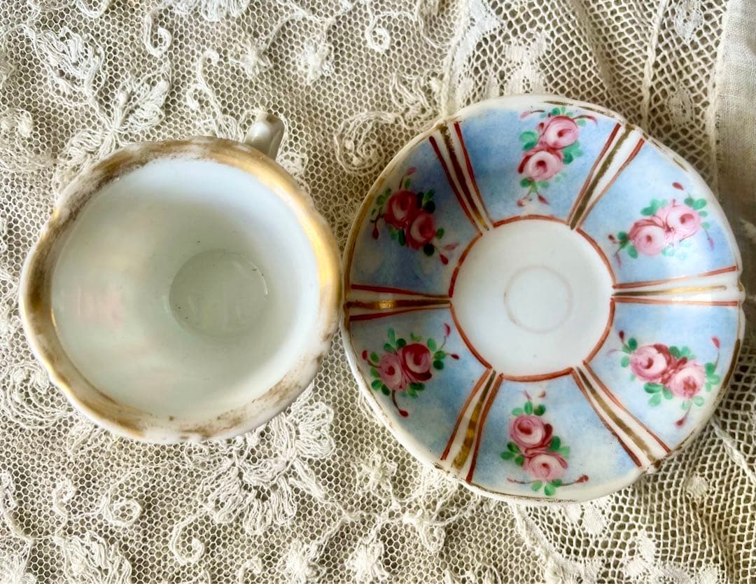 ローズ柄陶器ディネットセット　ティーセット　フランスアンティーク　ままごとドール