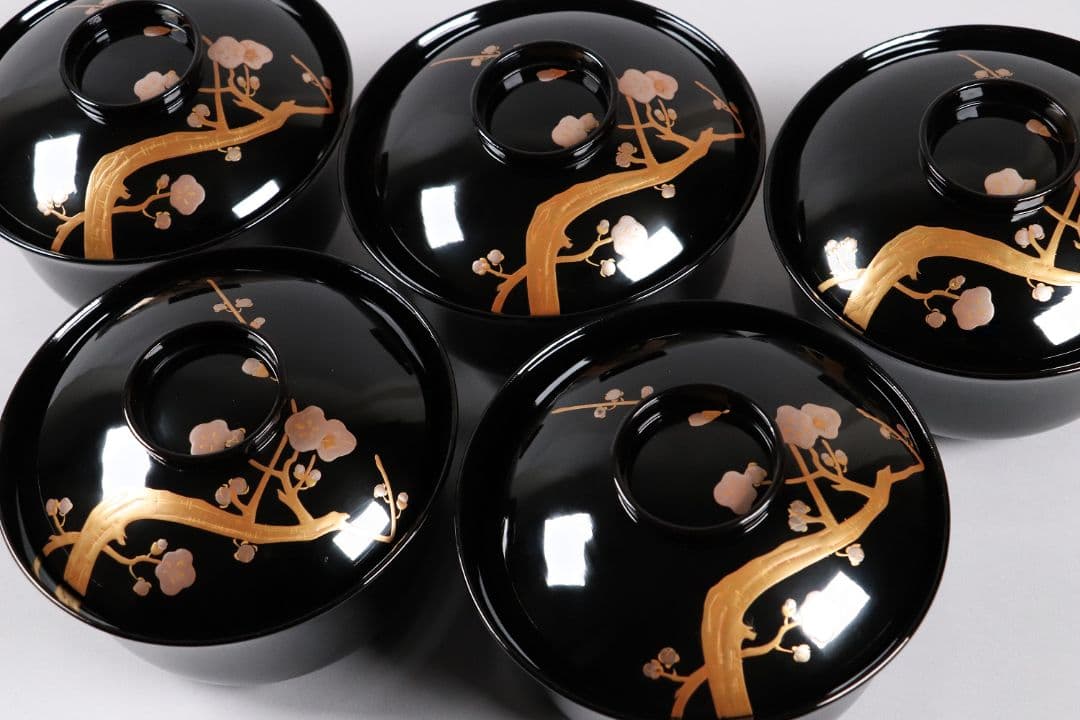 木製漆器 梅蒔絵 黒塗 椀 五客 漆芸 茶懐石 会席道具【MA287】
