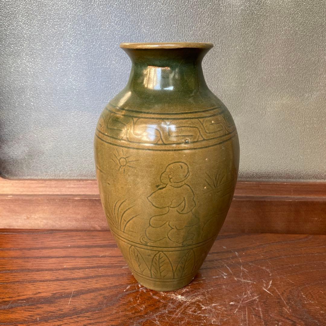 耀州窯青磁人物図花入 宋時代まとめて4点