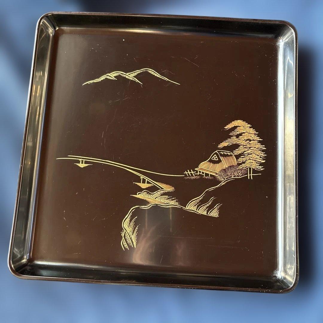 輪島塗　漆器 膳 5枚セット 黒と金の風景　蒔絵　沈金