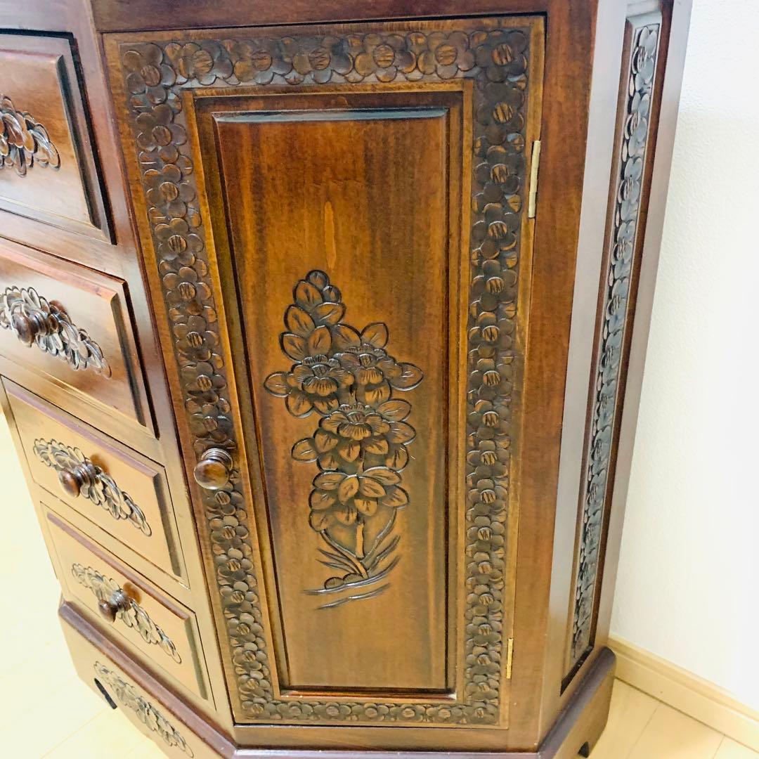 木彫刻 チェスト 引き出し 4段 サイドボード キャビネット アンティーク調