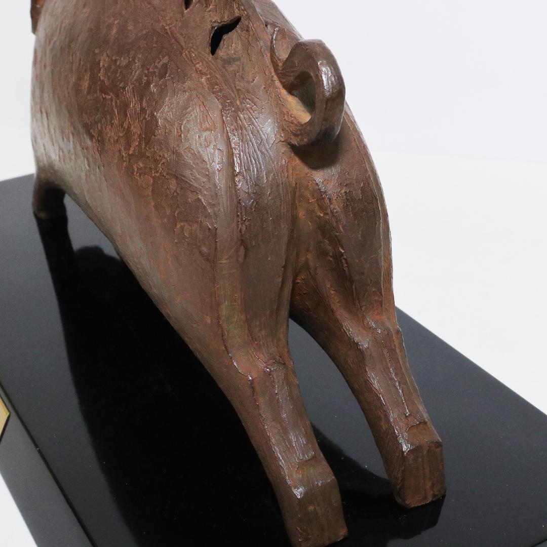 津田永寿 鋳銅製 干支亥「雄風」置物 香炉 台座付 共箱 猪形香爐