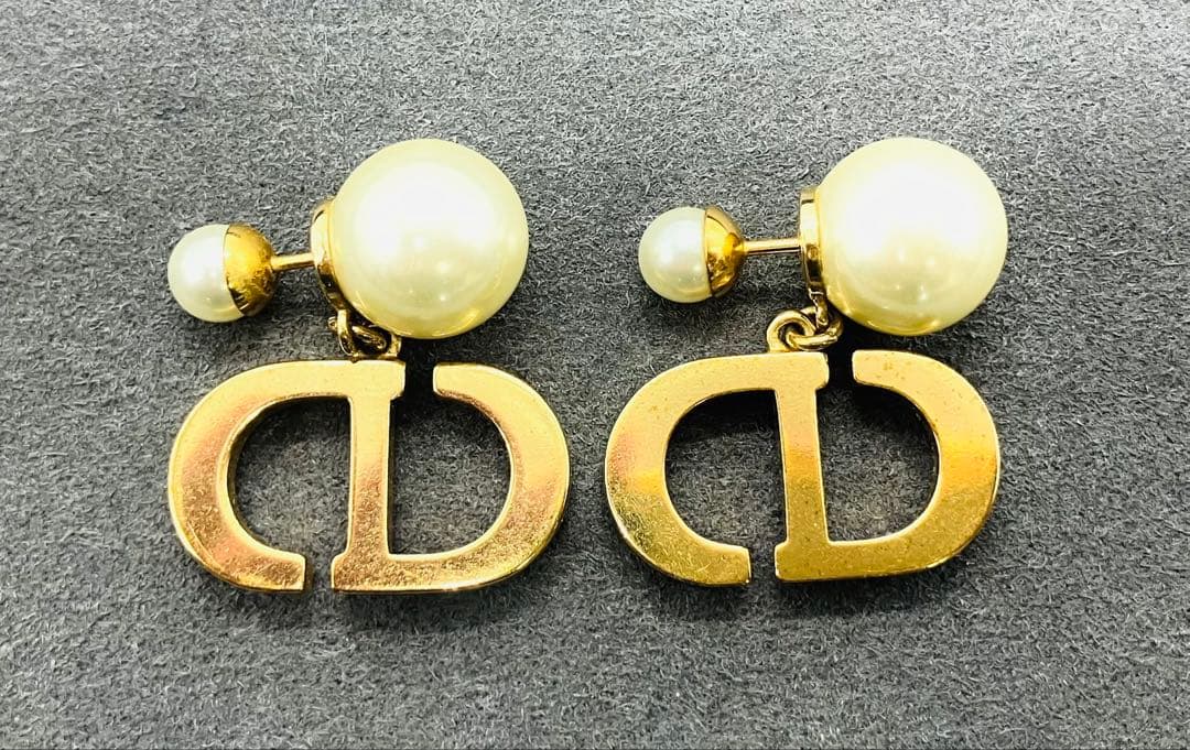 DIOR ディオール トライバル ラインストーン ロゴ ピアス ゴールド パール