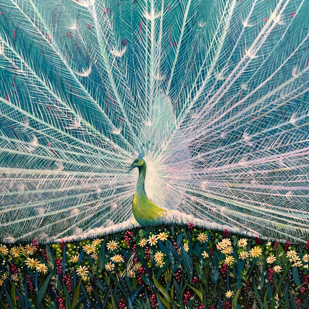 絵画　『色うつる空』 アクリル画家　白孔雀　縁起物