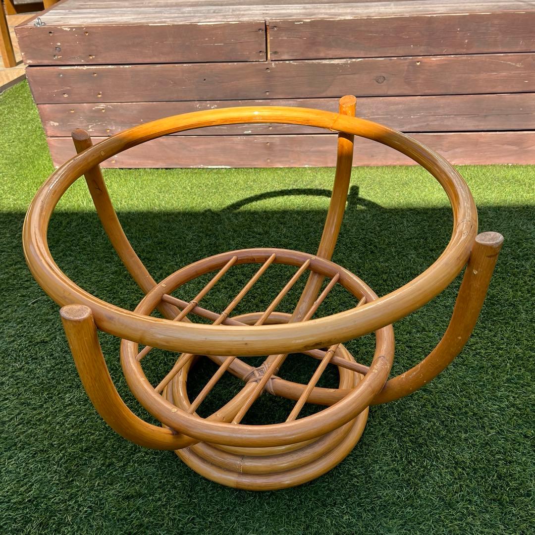 【昭和レトロ】藤 ラタン 丸テーブル　丸椅子セット