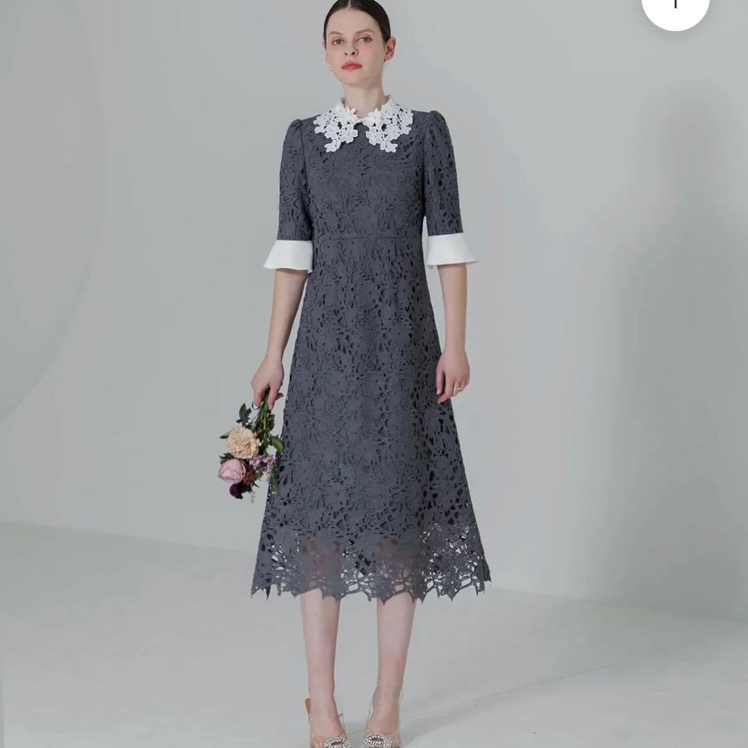 Leja 花柄レースカラースパンコールAラインワンピースドレス