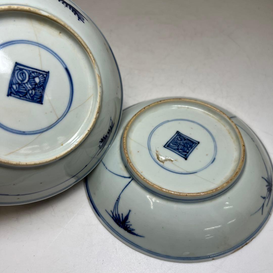 中国明末清朝期　古染付人物画中皿19枚　木箱　約16.5㎝東Y7-0723⭐︎2F