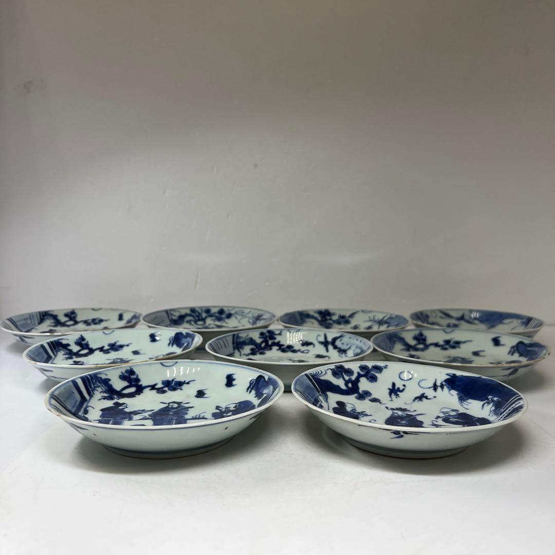 中国明末清朝期　古染付人物画中皿19枚　木箱　約16.5㎝東Y7-0723⭐︎2F