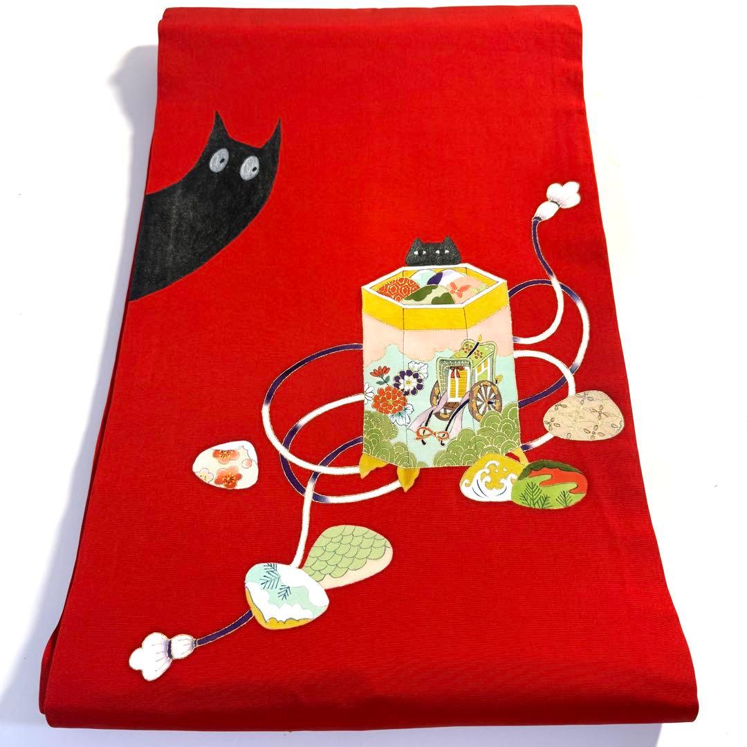 5k2747 名古屋帯　絹　塩瀬帯　猫　赤　黒　ピンク　青　金色　花柄　和装
