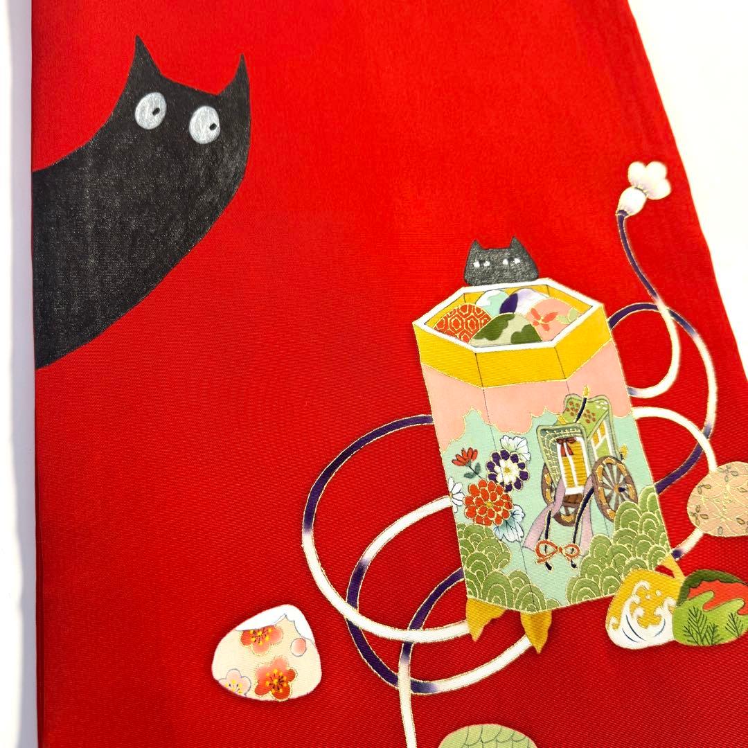 5k2747 名古屋帯　絹　塩瀬帯　猫　赤　黒　ピンク　青　金色　花柄　和装