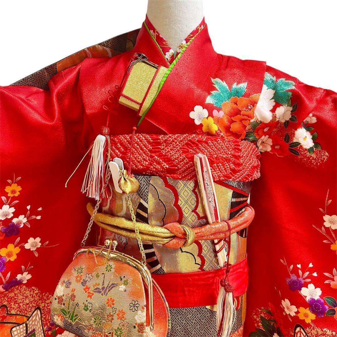 着物　七五三　7歳　女の子　13点　フルセット　赤　御所車　花文　吉祥文様