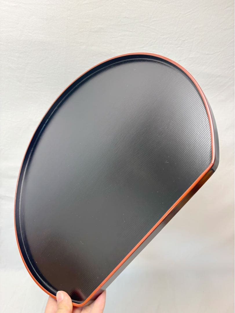 ほぼ未使用 懐石道具 木製 半月膳 線筋 縁朱 5客揃 会席膳 宴会盆 元箱