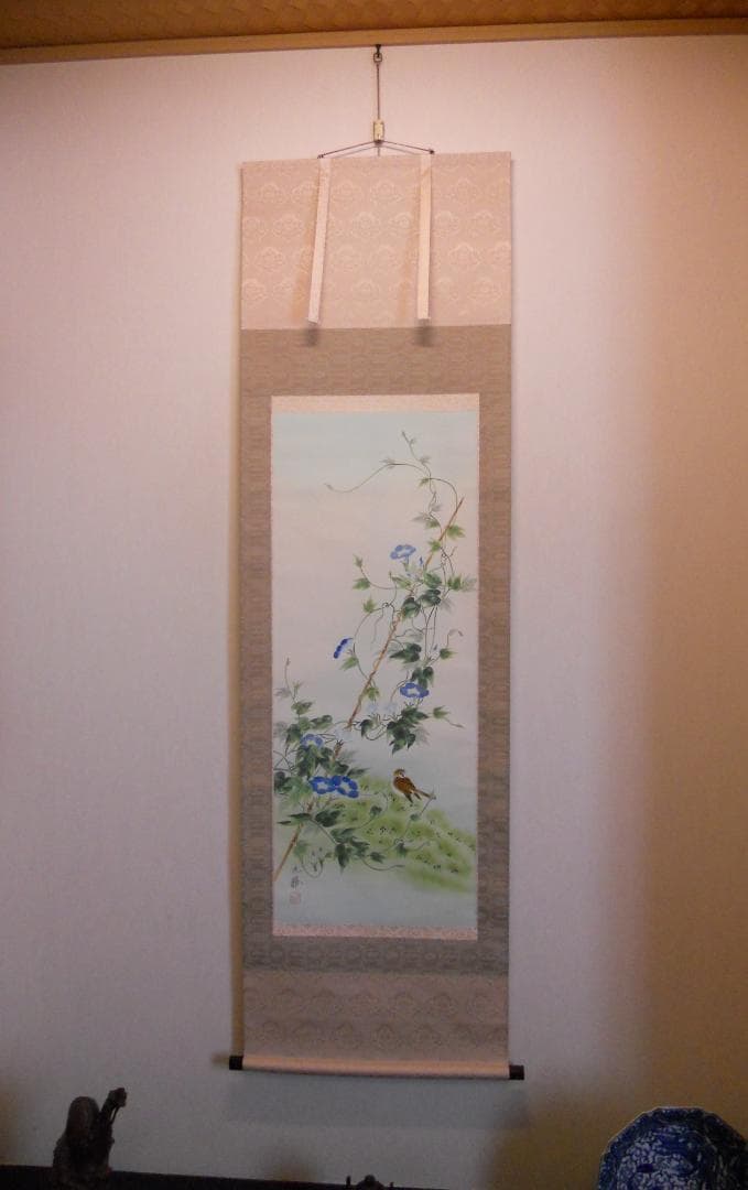 掛け軸 元勝 作 『 朝顔 』 絹本 希少 軸装 茶道具 茶掛け 掛軸 美品