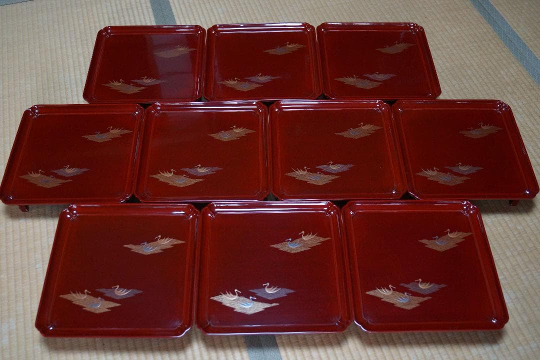 明治期 輪島塗 溜塗金銀蒔絵『波千鳥文』足付膳盆(十客) 木製角会席膳　茶道具