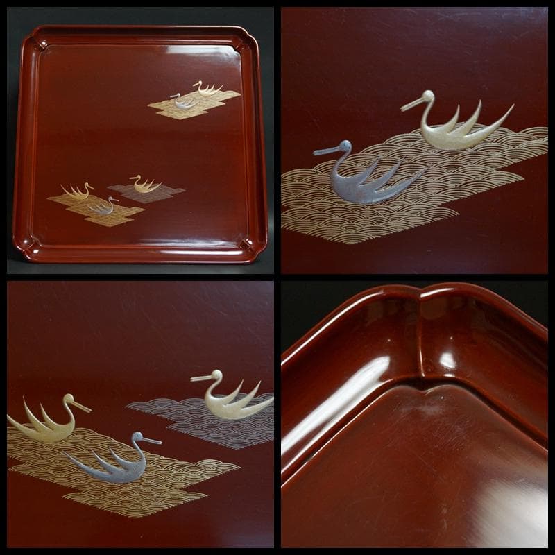 明治期 輪島塗 溜塗金銀蒔絵『波千鳥文』足付膳盆(十客) 木製角会席膳　茶道具