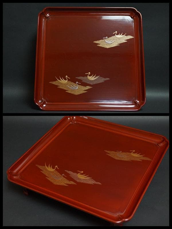 明治期 輪島塗 溜塗金銀蒔絵『波千鳥文』足付膳盆(十客) 木製角会席膳　茶道具