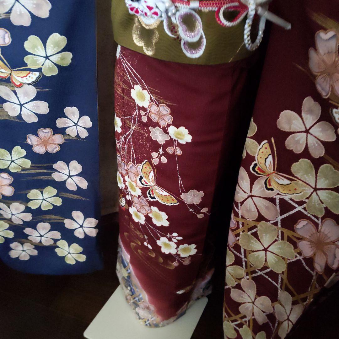 351華やぎ【最終価格】【桜蝶　紺色×ワイン色】【振袖6点フルセット】卒業謝恩会