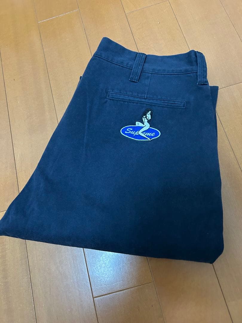 Supreme チノパン 34 刺繍 ネイビー シュプリーム ボトムス